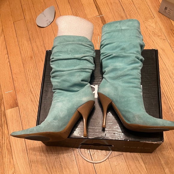 Bebe Y2K Pointy Toe Slouch Boots Aqua, Teal Suede/Leather - Picture 7 of 9